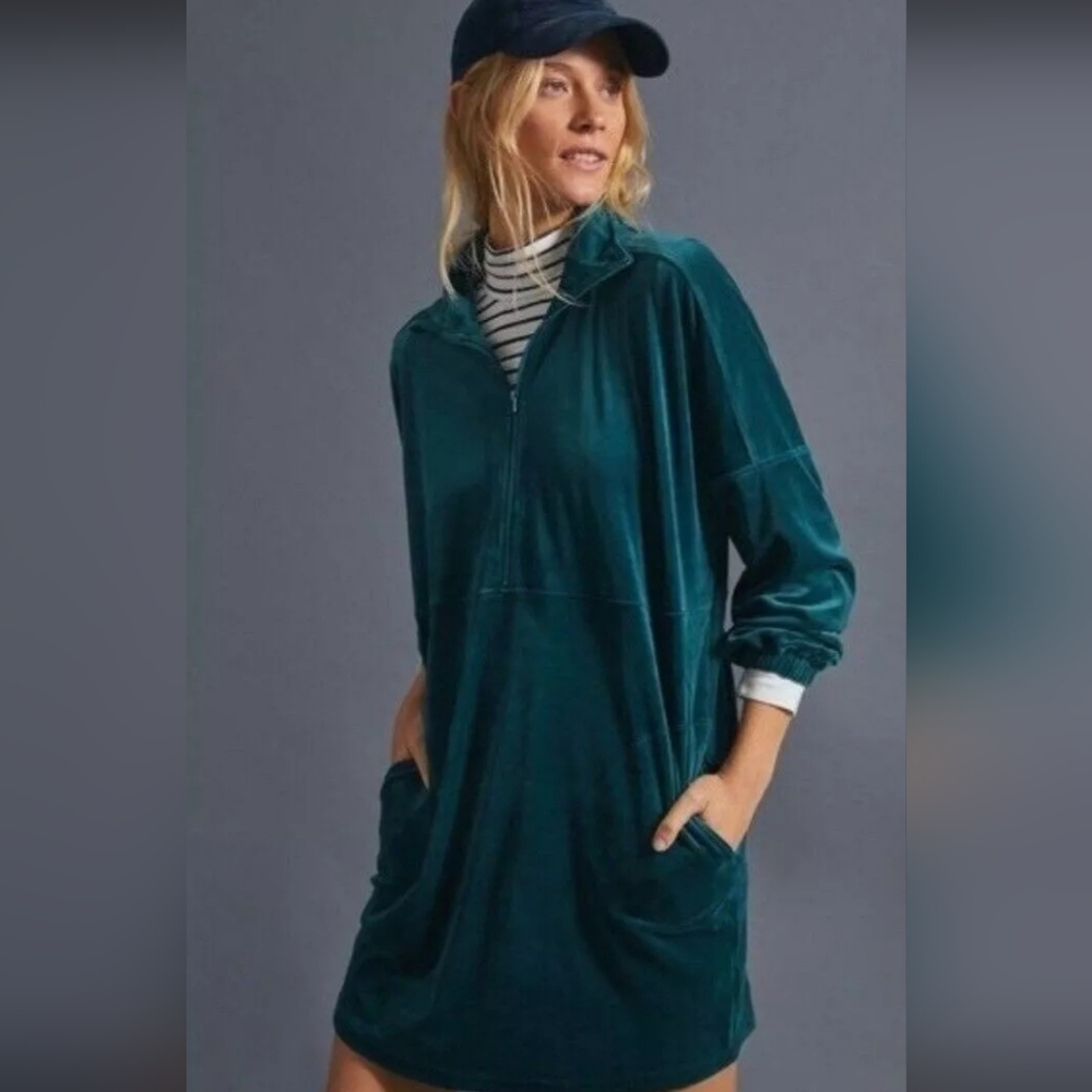 Anthropologie Saturday Sunday Rosiland Emerald GreenVelour Velvet Tunic Dress XL